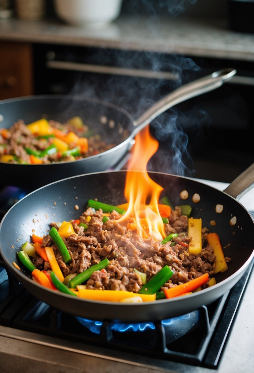 A sizzling stir fry pan with colorful vegetables and lean ground beef cooking over a hot flame