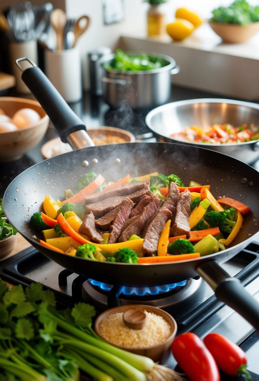 A sizzling wok filled with colorful veggies and strips of beef, surrounded by various ingredients and cooking utensils on a busy kitchen counter