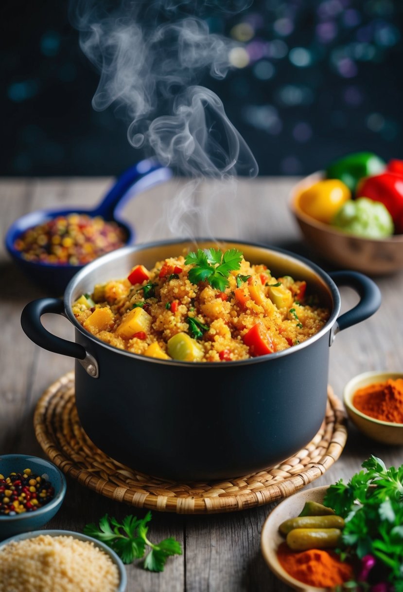 A steaming pot of quinoa upma with colorful Indian spices and vegetables