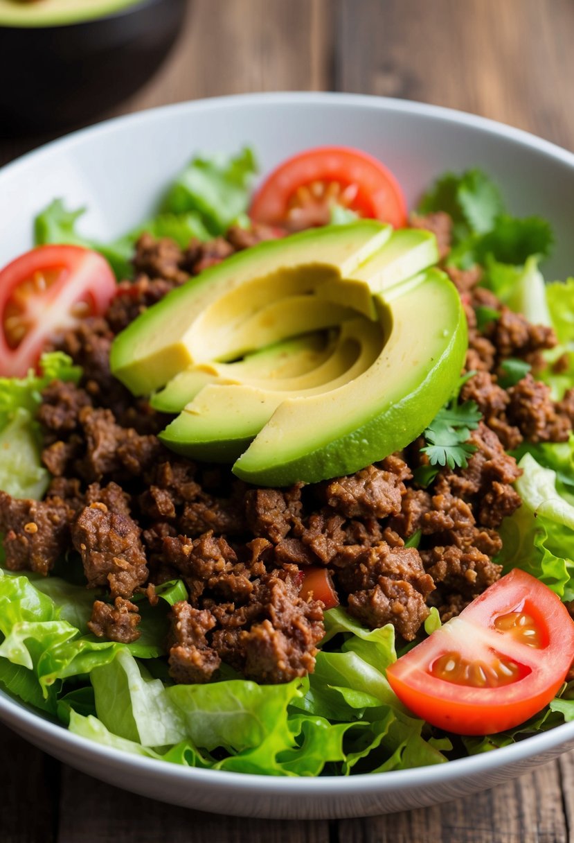 A colorful taco salad with avocado, fresh lettuce, tomatoes, and seasoned ground beef in a large bowl, ready to be enjoyed for a healthy lunch