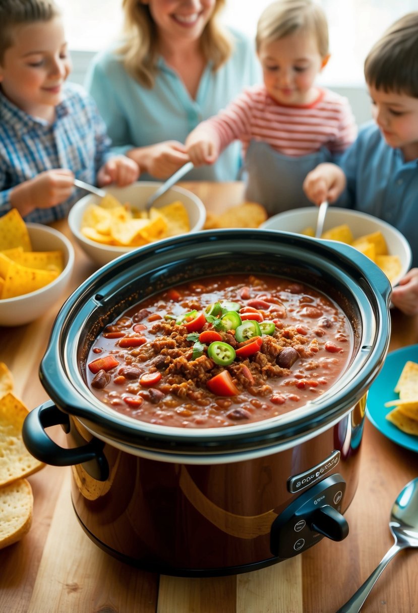 A bubbling slow cooker filled with hearty chili surrounded by busy family activities