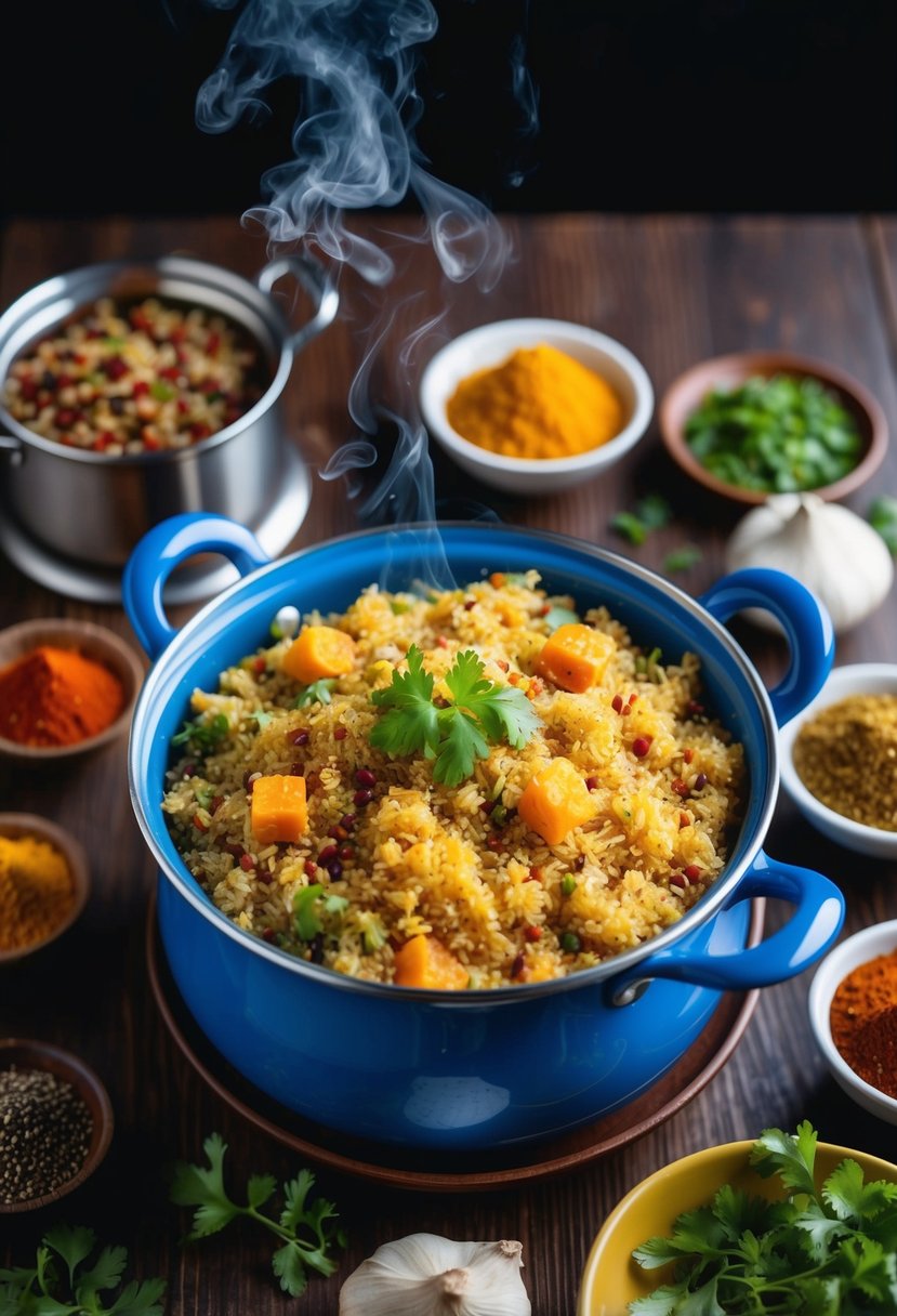 A steaming pot of quinoa biryani surrounded by colorful Indian spices and herbs