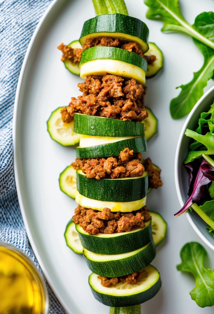 Fresh zucchini slices wrapped around seasoned ground beef, arranged on a white plate with a side of vibrant mixed greens