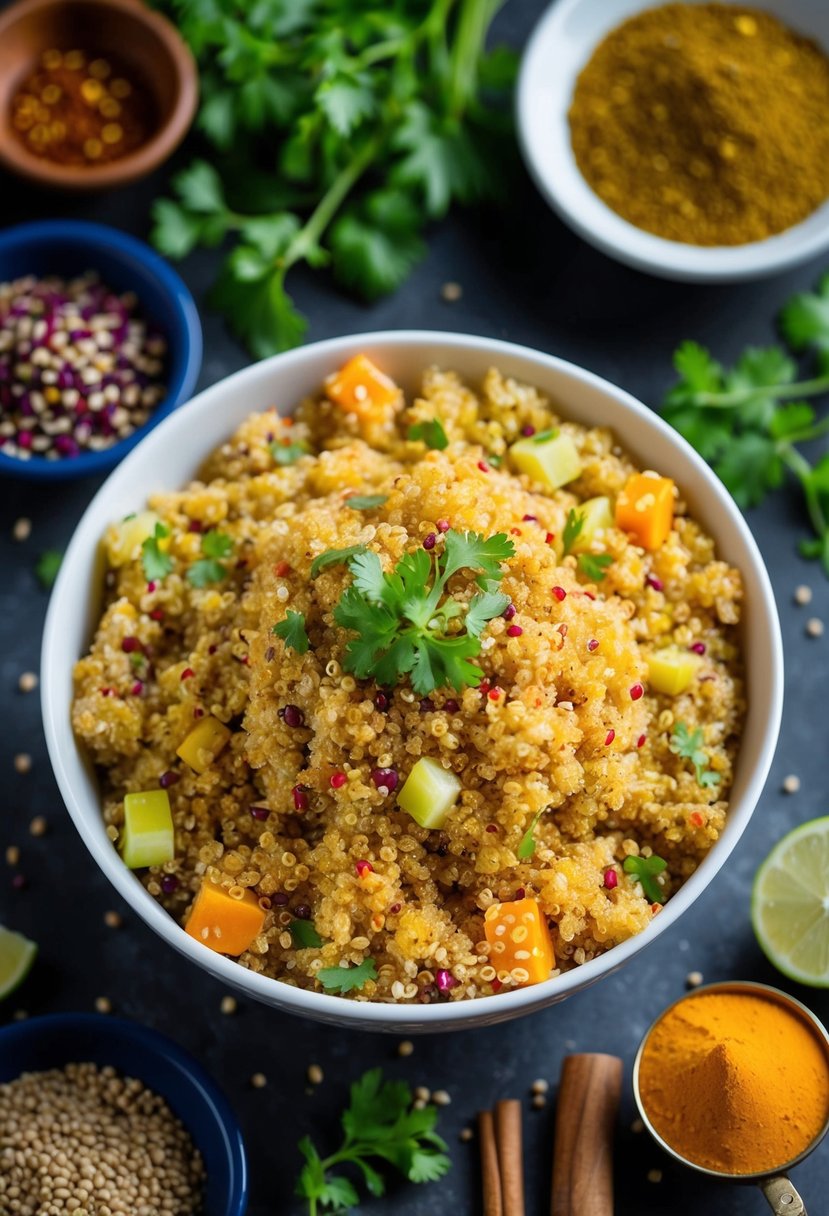 A colorful bowl of quinoa chaat surrounded by traditional Indian spices and ingredients