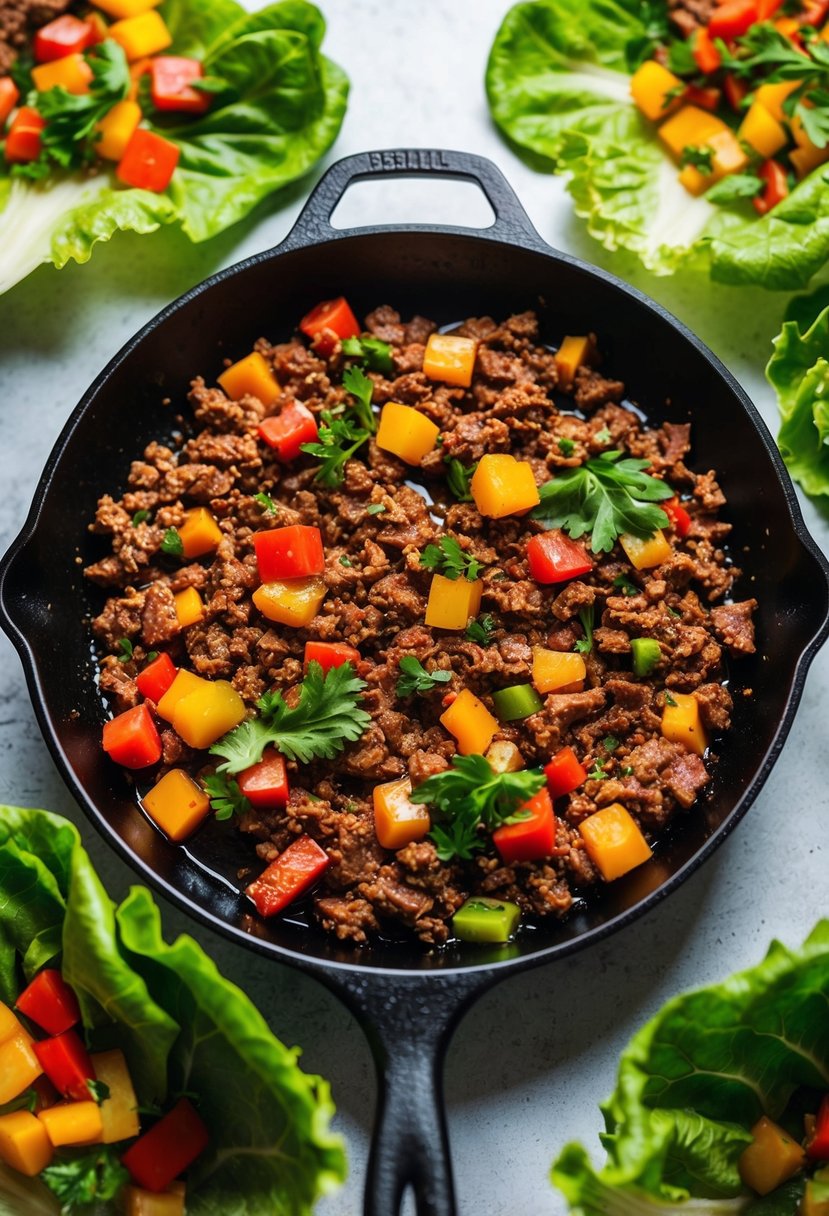 A sizzling skillet of ground beef and colorful veggies, surrounded by vibrant lettuce leaves