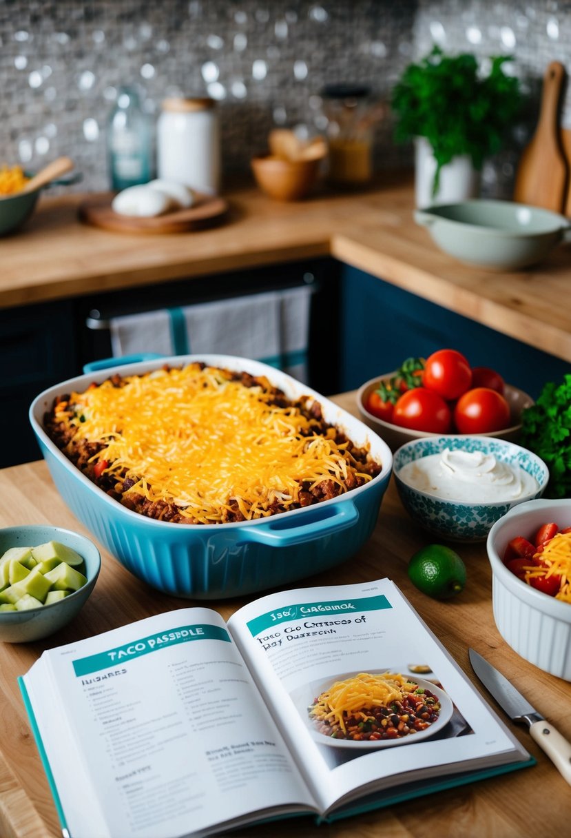 A busy kitchen counter with ingredients for taco casserole laid out, a casserole dish, and a recipe book open to the page for the dish