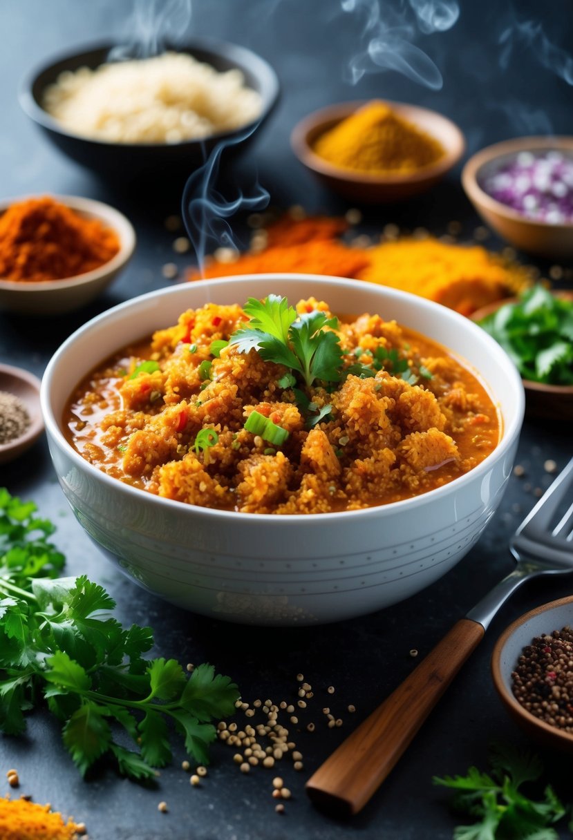 A steaming bowl of quinoa tikka masala surrounded by colorful Indian spices and herbs