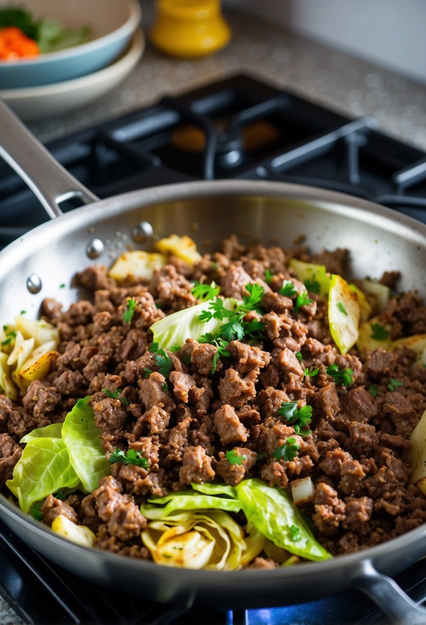 A skillet filled with cooked ground beef, cabbage, and other colorful vegetables sizzling over a stove