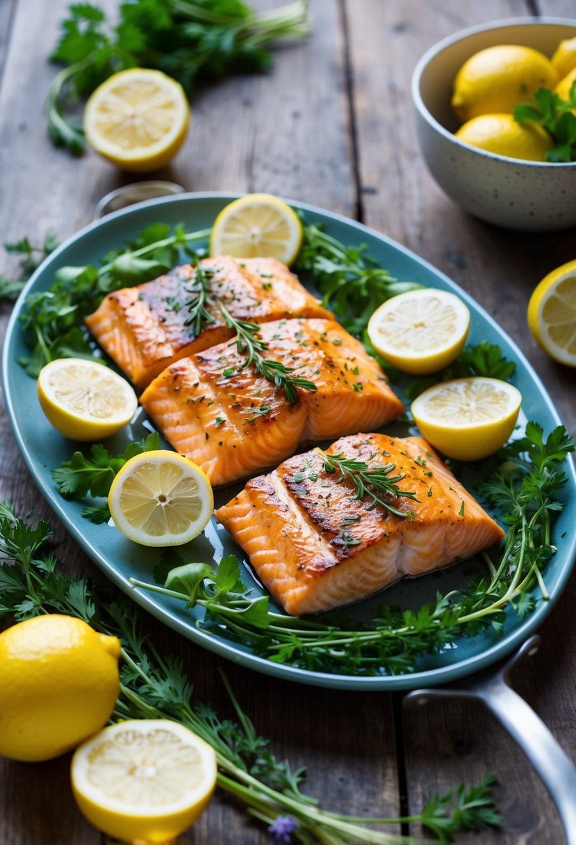 A platter of grilled lemon herb salmon surrounded by fresh herbs and sliced lemons on a rustic wooden table