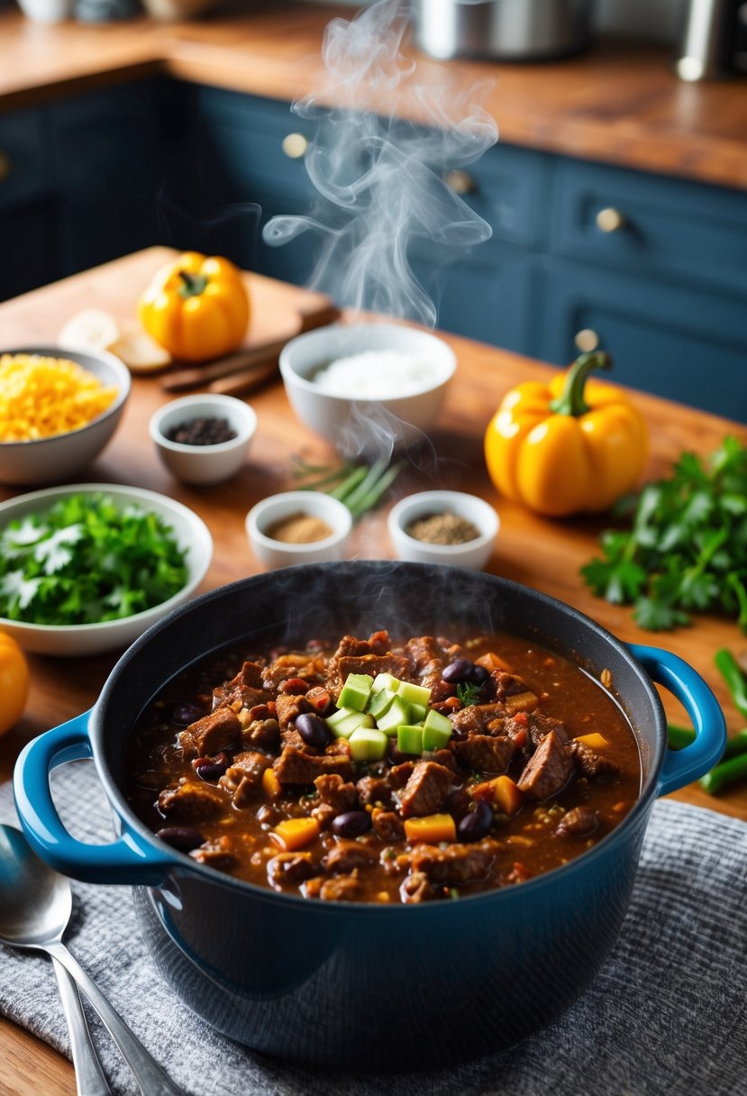 A steaming pot of beef and black bean chili surrounded by fresh ingredients and spices on a wooden kitchen counter