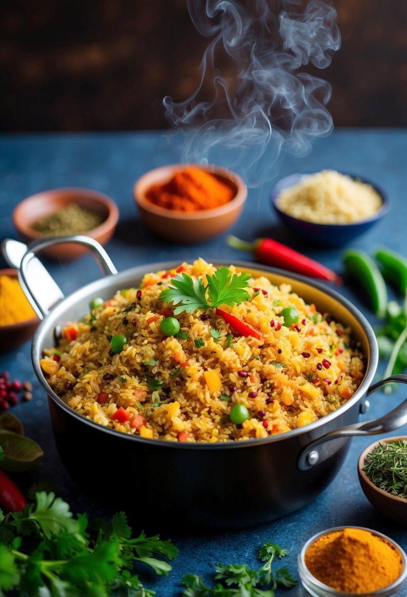 A steaming pot of colorful quinoa pulao surrounded by vibrant Indian spices and herbs