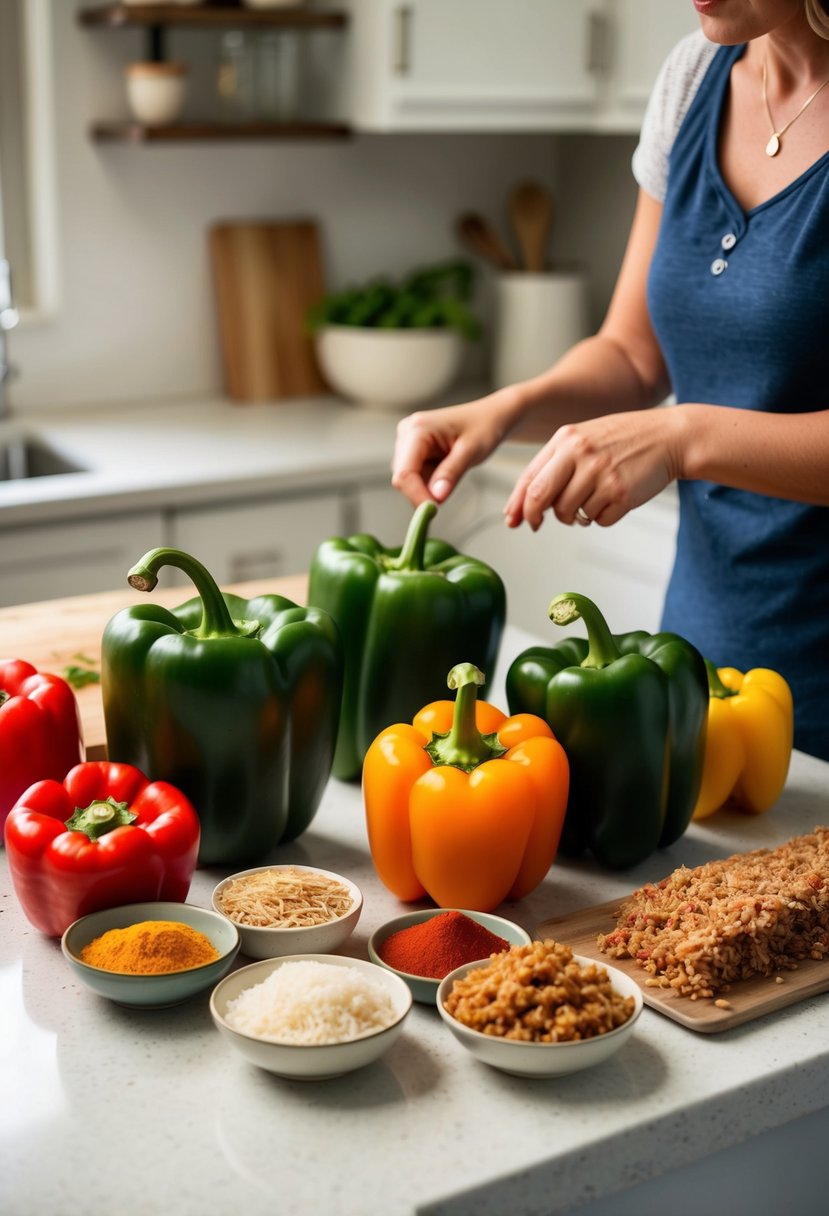 Fresh bell peppers, ground meat, rice, and spices arranged on a kitchen counter. A busy mom prepares to stuff and bake the peppers for a quick family dinner