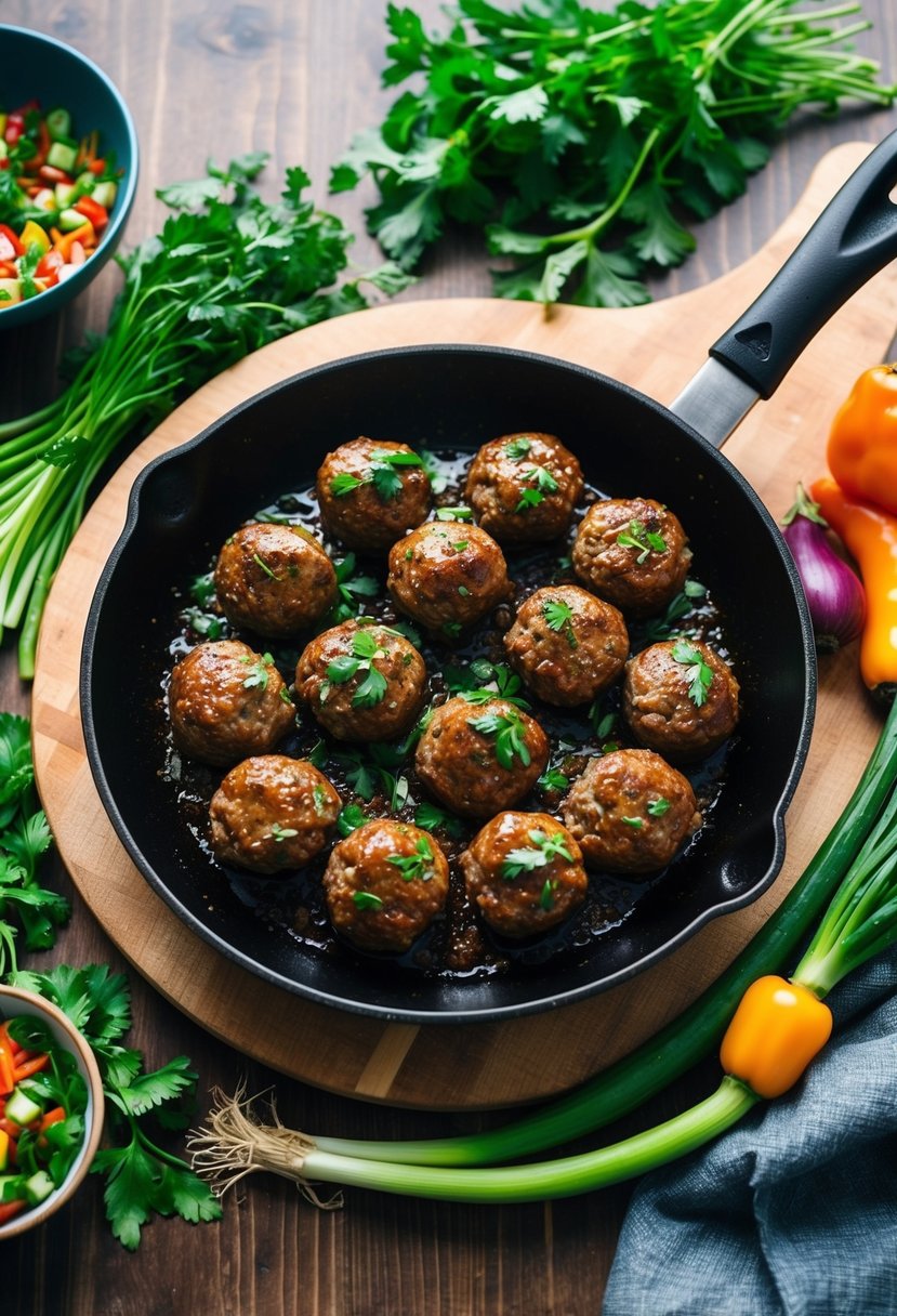 A sizzling skillet of Asian beef meatballs surrounded by fresh herbs and colorful vegetables