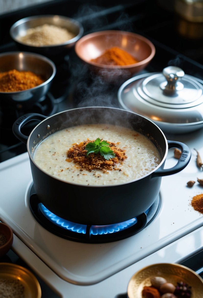 A steaming pot of quinoa kheer simmering on a stovetop, surrounded by traditional Indian spices and ingredients