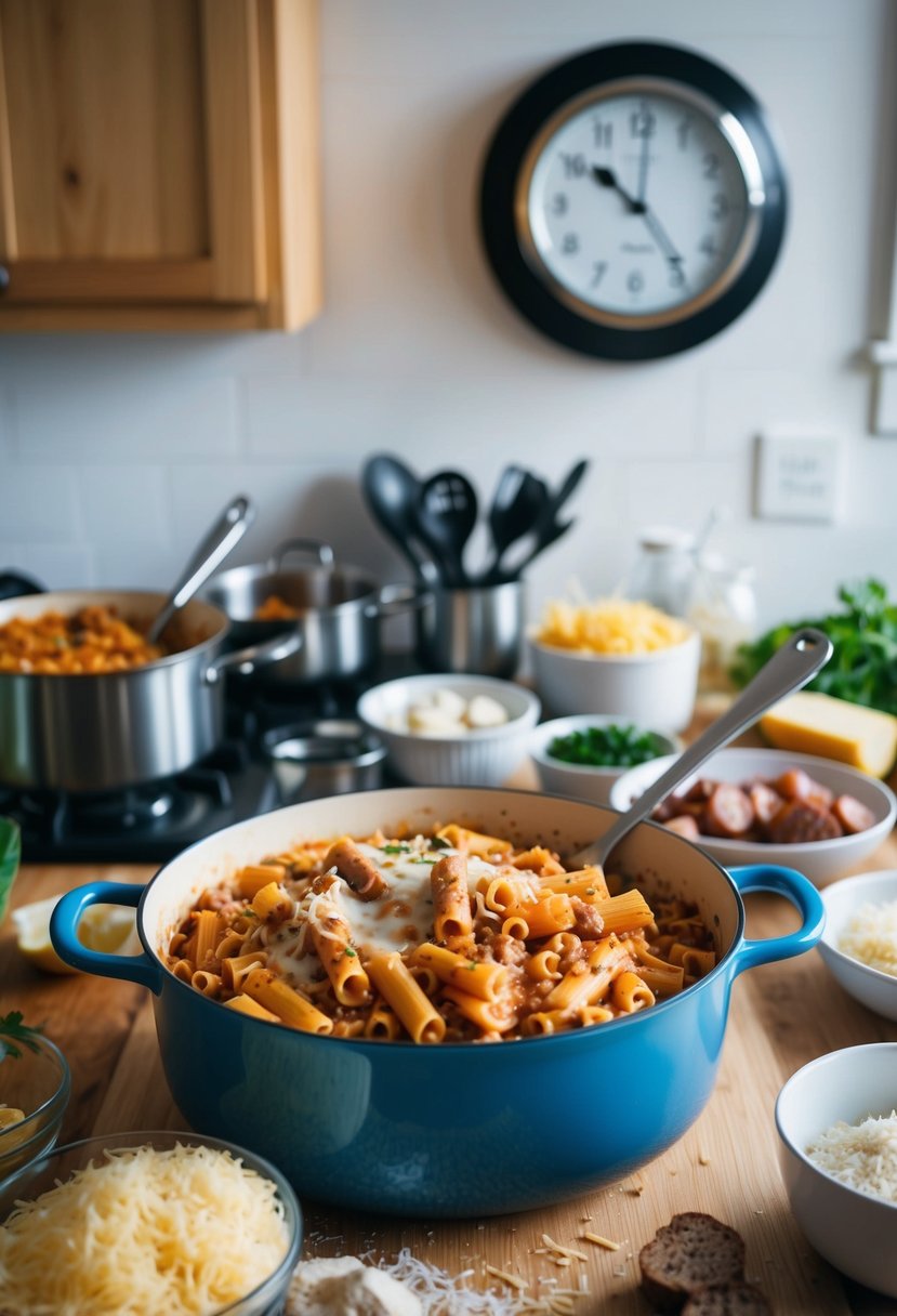 A busy kitchen with a pot of bubbling ziti and sausage, surrounded by scattered ingredients and utensils. A clock on the wall shows the time