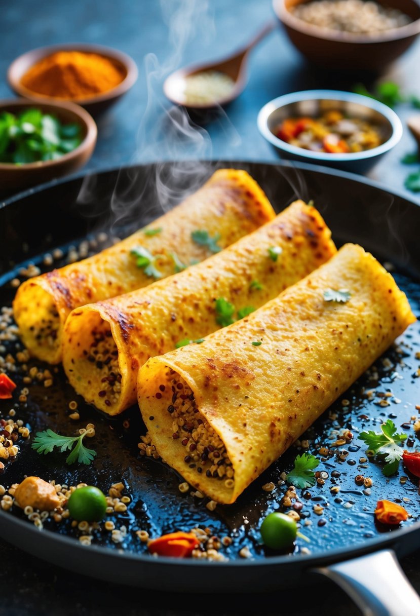 A steaming quinoa masala dosa sizzling on a hot griddle. Vibrant Indian spices and ingredients surround the dish