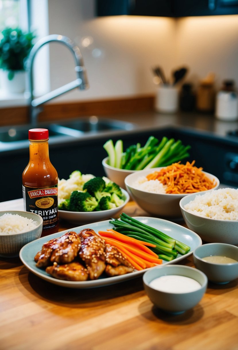 A busy kitchen counter with ingredients for teriyaki chicken bowls: chicken, vegetables, rice, and a bottle of teriyaki sauce