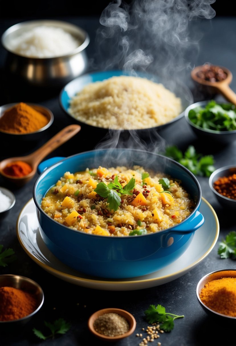 A steaming pot of quinoa khichdi surrounded by Indian spices and ingredients