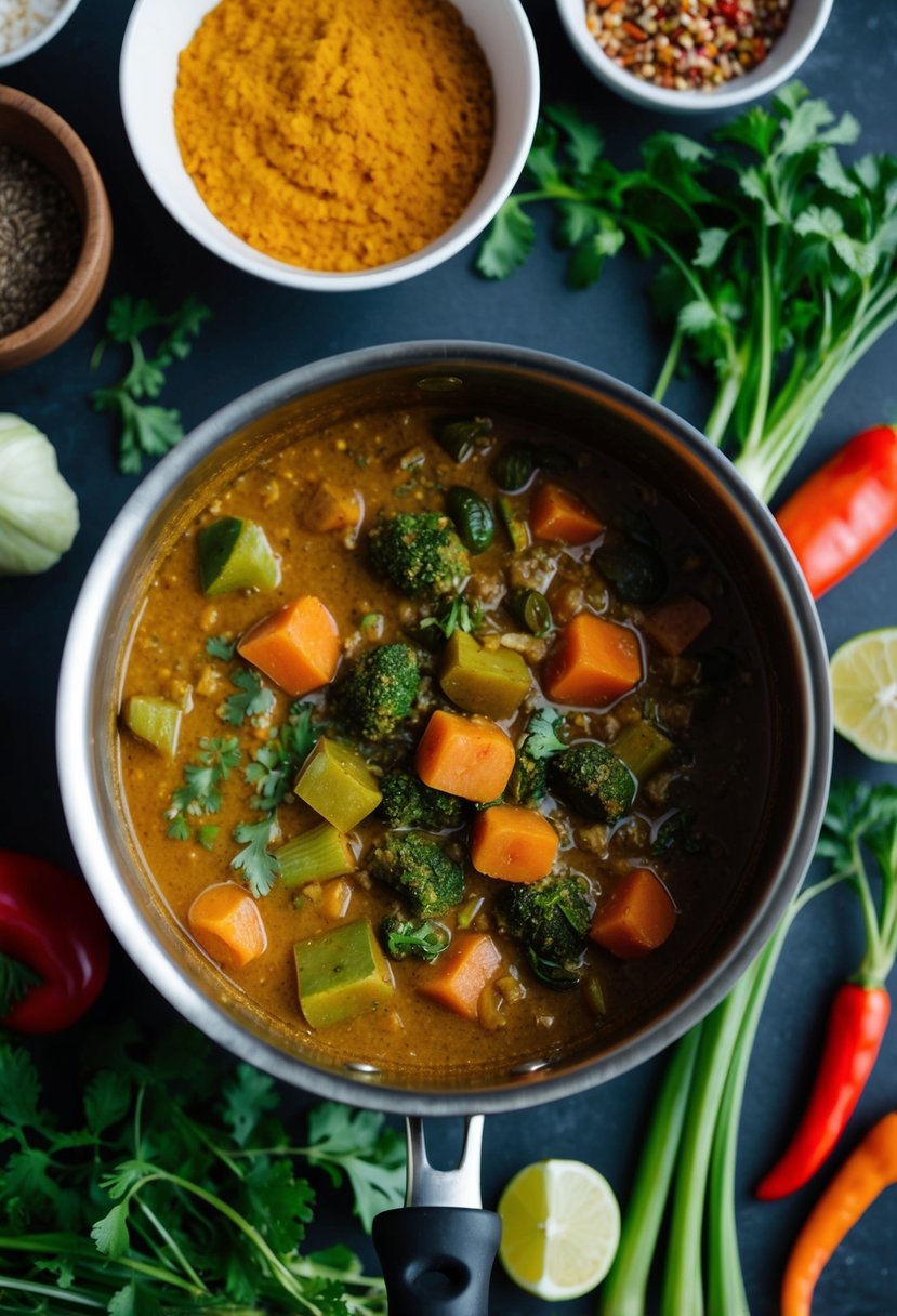 A pot of bubbling vegetable curry surrounded by various fresh vegetables and spices