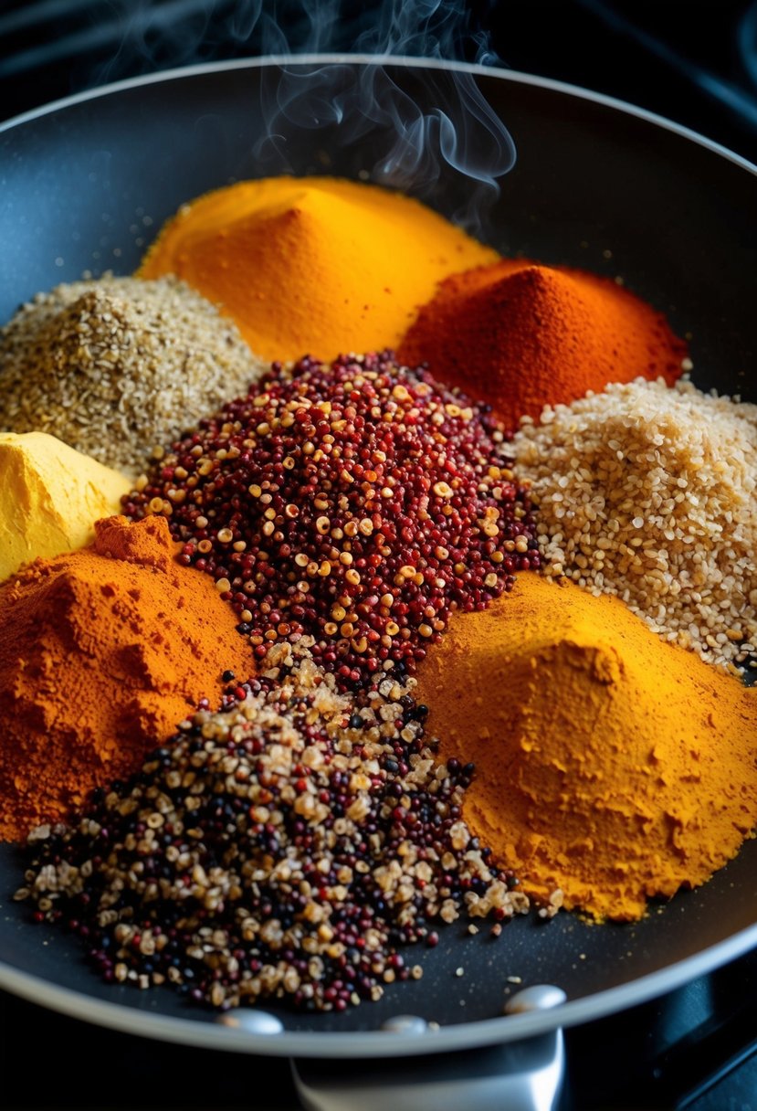 A colorful array of Indian spices and quinoa mixed together in a sizzling pan, with a fragrant aroma filling the air