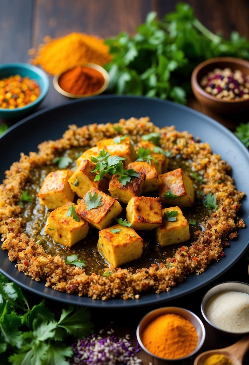 A sizzling hot plate of Quinoa Paneer Tikka surrounded by colorful Indian spices and herbs