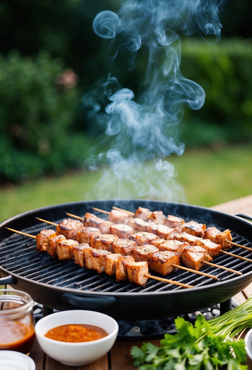 A grill sizzling with marinated pork skewers, smoke rising. A table set with BBQ sauce, spices, and fresh herbs