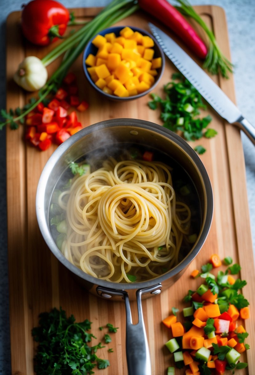 A pot of boiling pasta surrounded by colorful chopped vegetables on a wooden cutting board