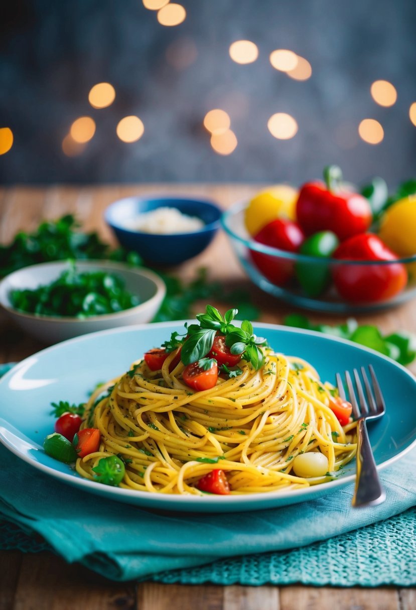 A colorful plate of spaghetti primavera with assorted vegetables and herbs