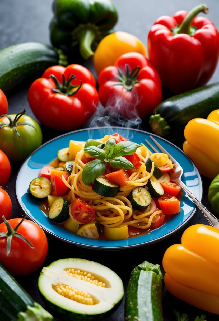 A colorful array of fresh vegetables, including tomatoes, zucchini, and bell peppers, surrounds a steaming plate of Ratatouille pasta