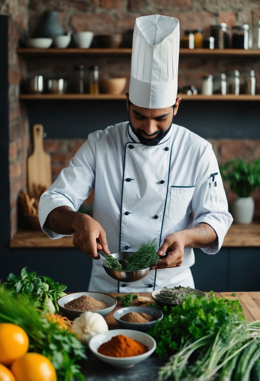 A chef gathering ingredients for a nilgai recipe in a rustic kitchen. On the counter are wild herbs, spices, and fresh vegetables