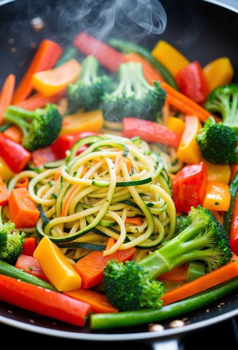 A colorful array of zucchini noodles, bell peppers, carrots, and broccoli sizzling in a wok, with steam rising and vibrant colors