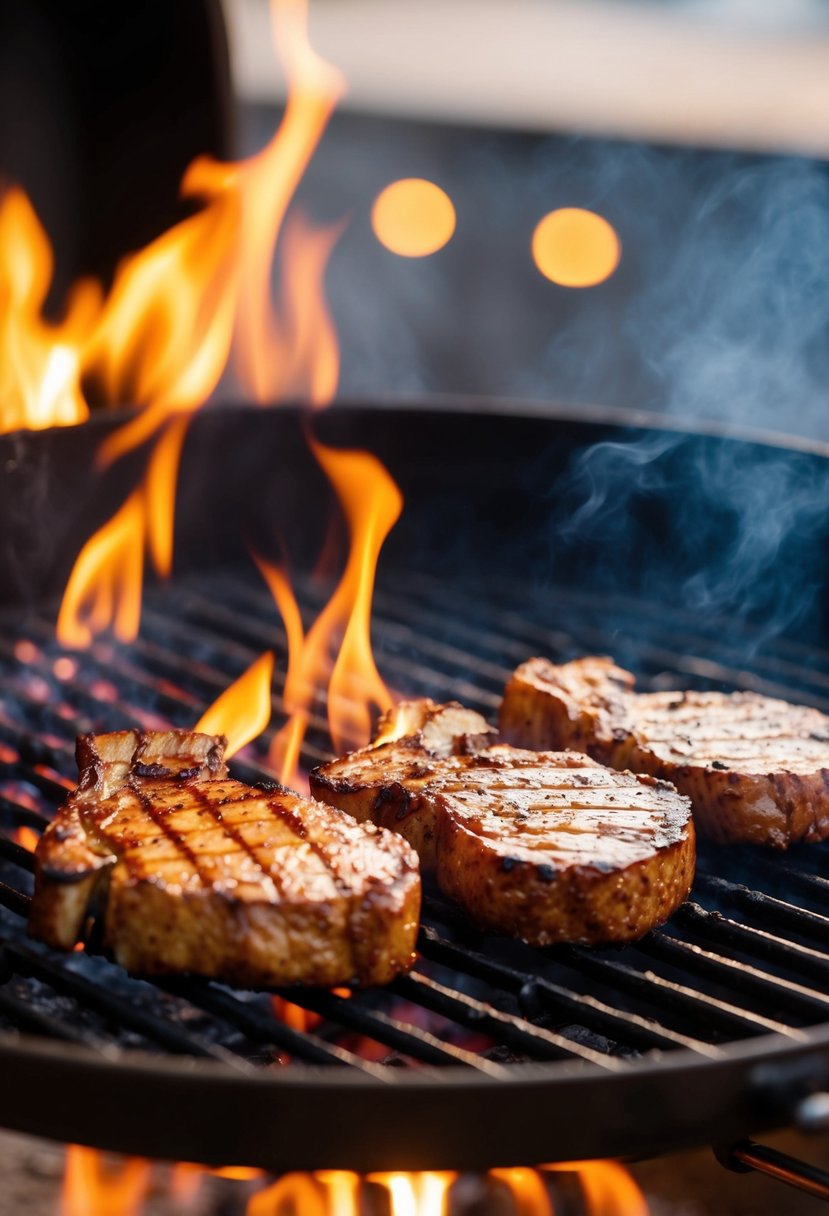 A sizzling grill with juicy Nilgai steaks cooking over open flames