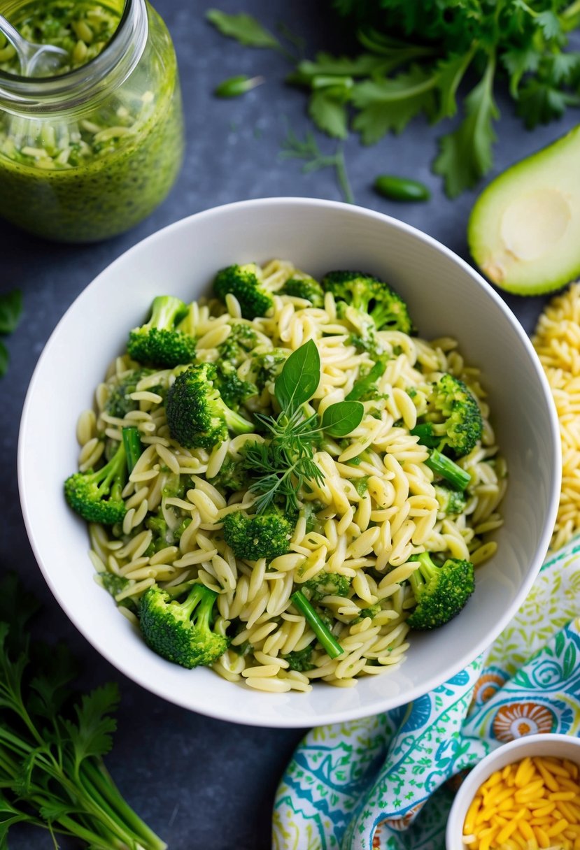 A colorful bowl of orzo pasta mixed with broccoli pesto and assorted vegetables, garnished with fresh herbs