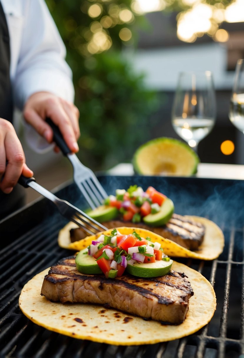 A chef grills nilgai meat for tacos, topping them with freshly made pico de gallo