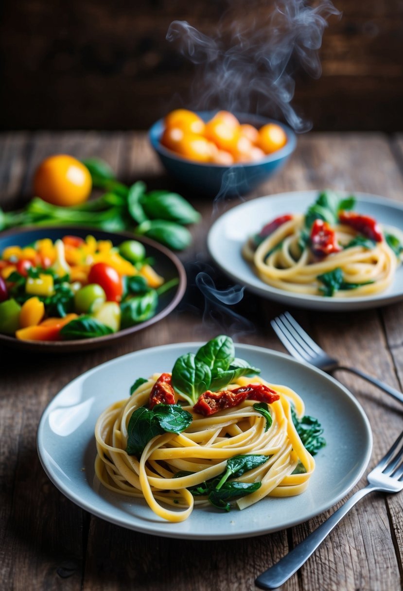 A steaming plate of linguine pasta with spinach, sun-dried tomatoes, and colorful mixed vegetables, arranged on a rustic wooden table