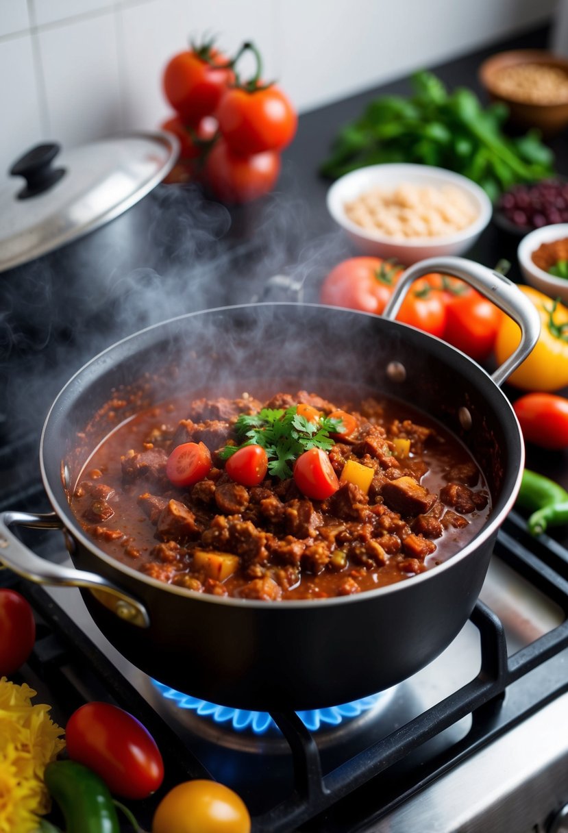 A steaming pot of Nilgai Chili Con Carne simmering on a stovetop, surrounded by colorful ingredients like tomatoes, beans, and spices