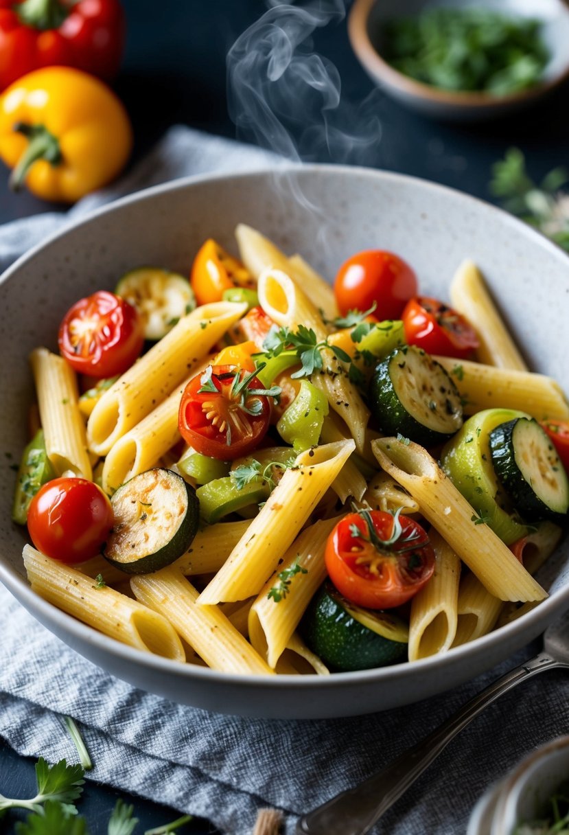 A steaming bowl of penne pasta with roasted vegetables, including bell peppers, zucchini, and cherry tomatoes, topped with a sprinkle of fresh herbs