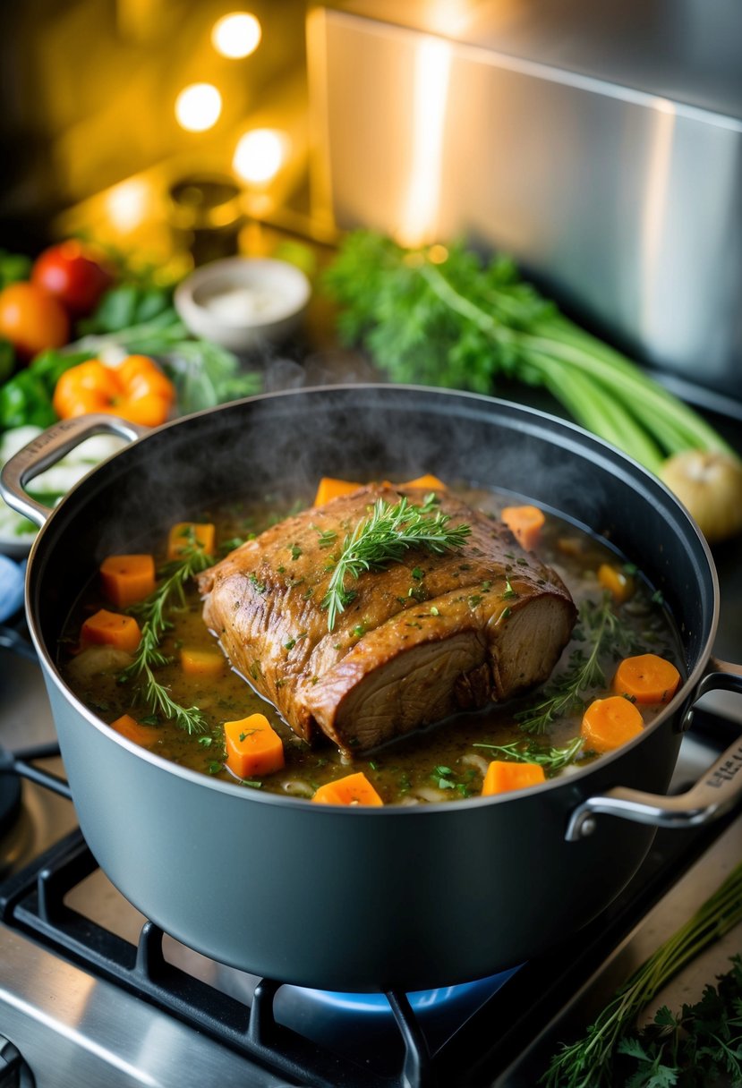 A large pot simmering on a stove, filled with slow-cooked nilgai pot roast surrounded by aromatic herbs and vegetables