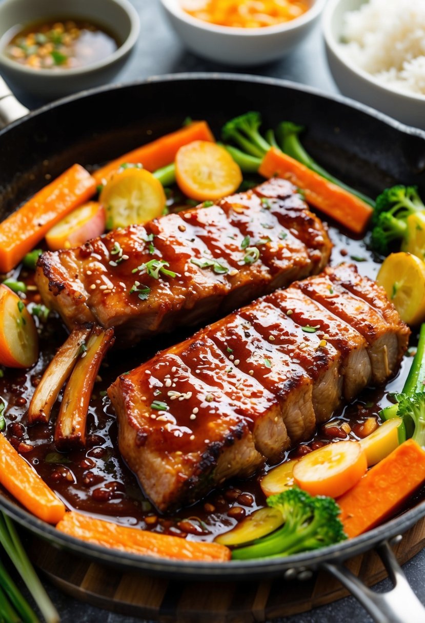 A sizzling skillet of Korean BBQ pork, glazed with a sweet and spicy sauce, surrounded by colorful vegetables and steaming rice