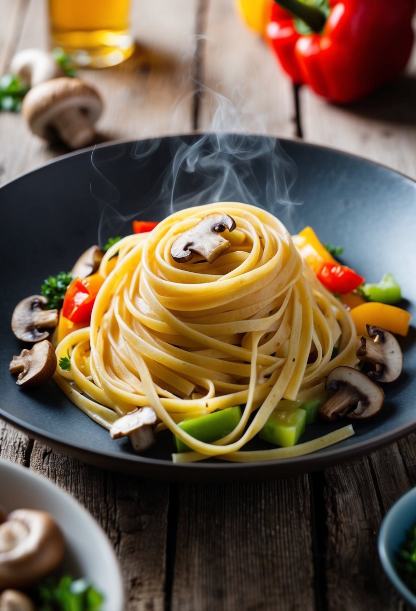 A steaming plate of fettuccine pasta with mushrooms, bell peppers, and assorted vegetables on a rustic wooden table