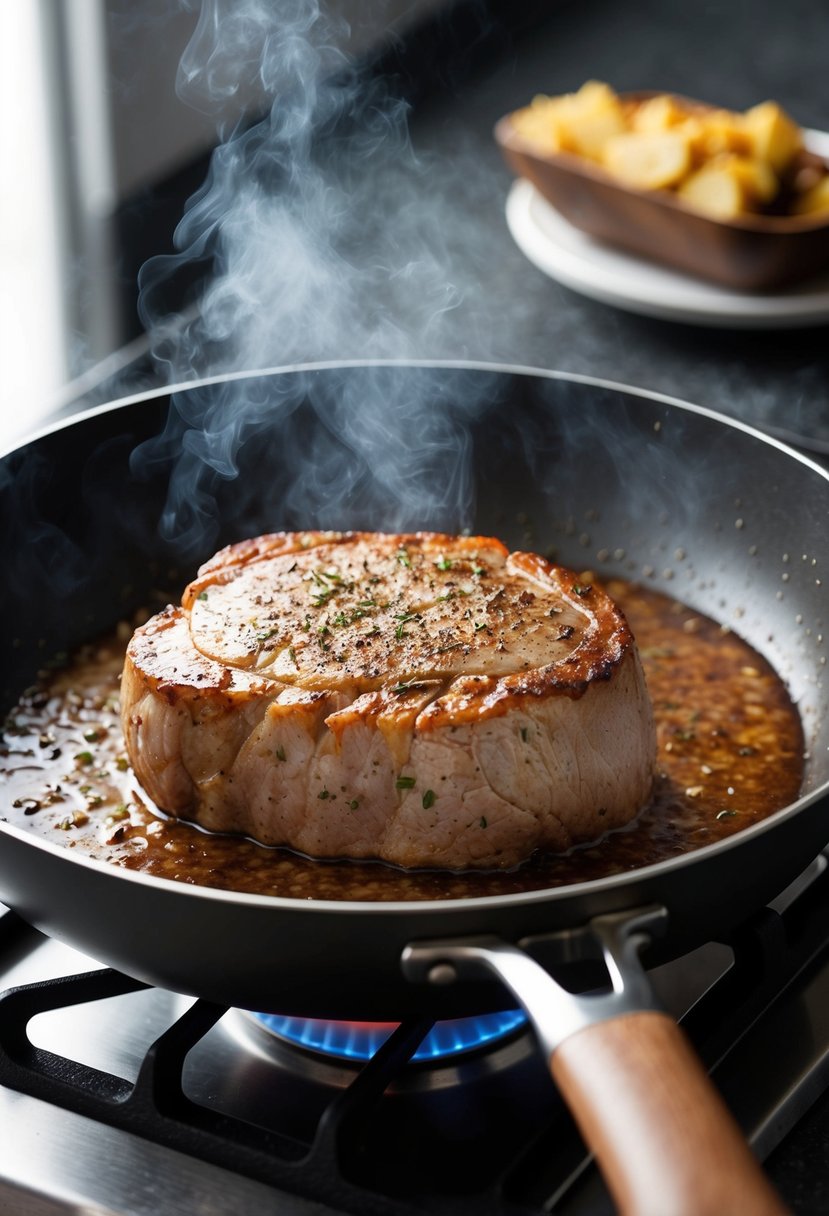 A sizzling tenderloin searing in a hot pan, emitting a savory aroma