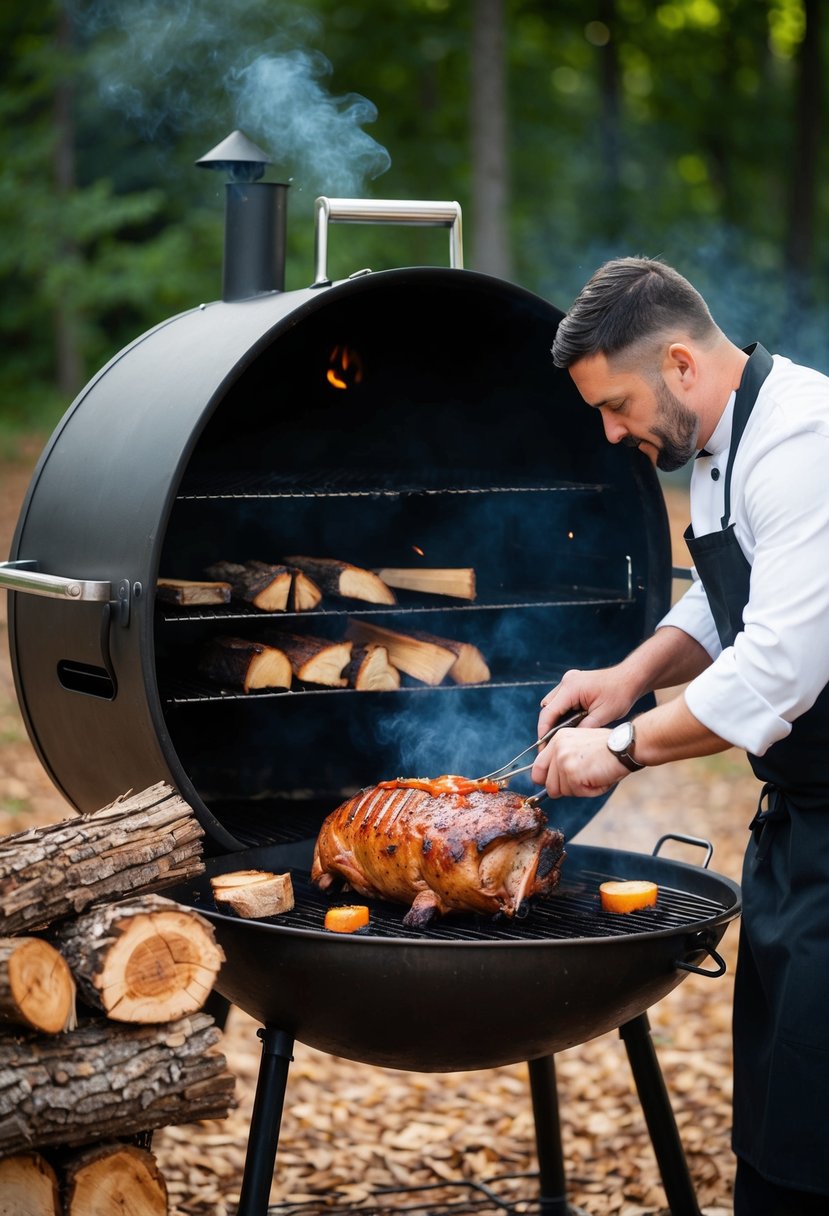 A rustic outdoor barbecue with a large smoker, surrounded by wood chips and a pile of hickory logs. A chef tends to the smoking pork shoulder, basting it with a tangy vinegar-based sauce