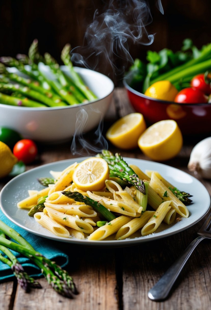 A steaming plate of asparagus lemon penne pasta surrounded by colorful vegetables on a rustic wooden table