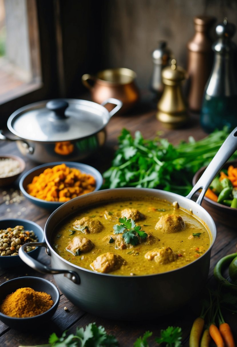 A rustic kitchen with a bubbling pot of curried Nilgai stew surrounded by aromatic spices and fresh vegetables