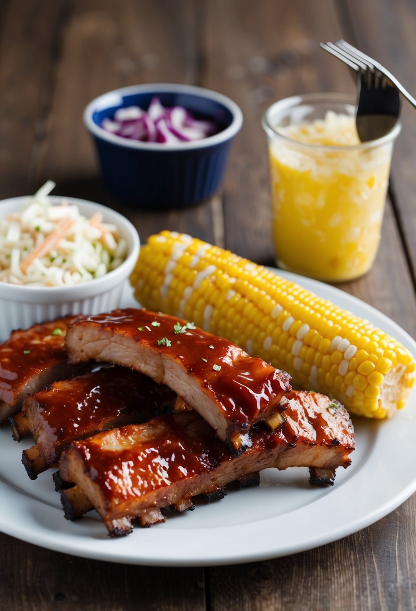 A platter of honey garlic BBQ pork ribs with a side of coleslaw and corn on the cob