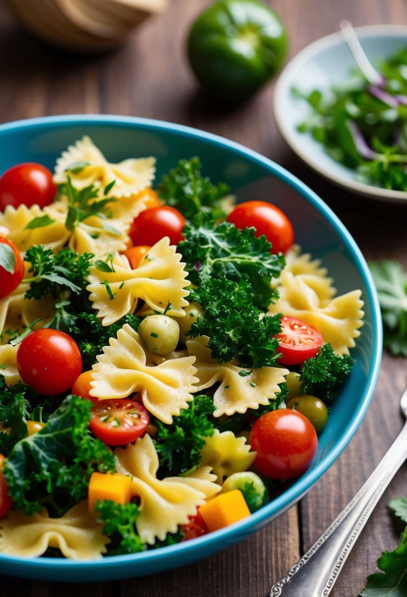 A colorful bowl of farfalle pasta with kale, cherry tomatoes, and assorted vegetables, garnished with fresh herbs