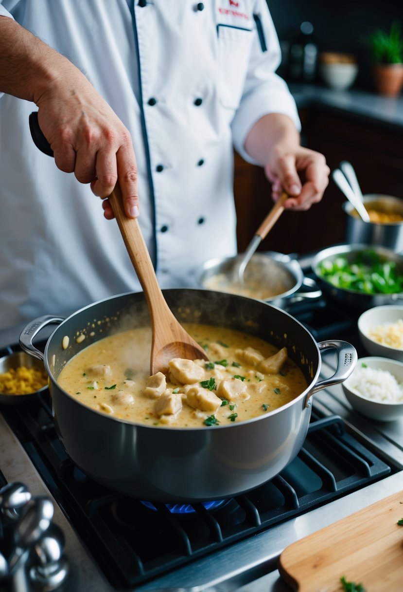 A chef stirring a pot of Nilgai Stroganoff on a stovetop, surrounded by various cooking ingredients and utensils