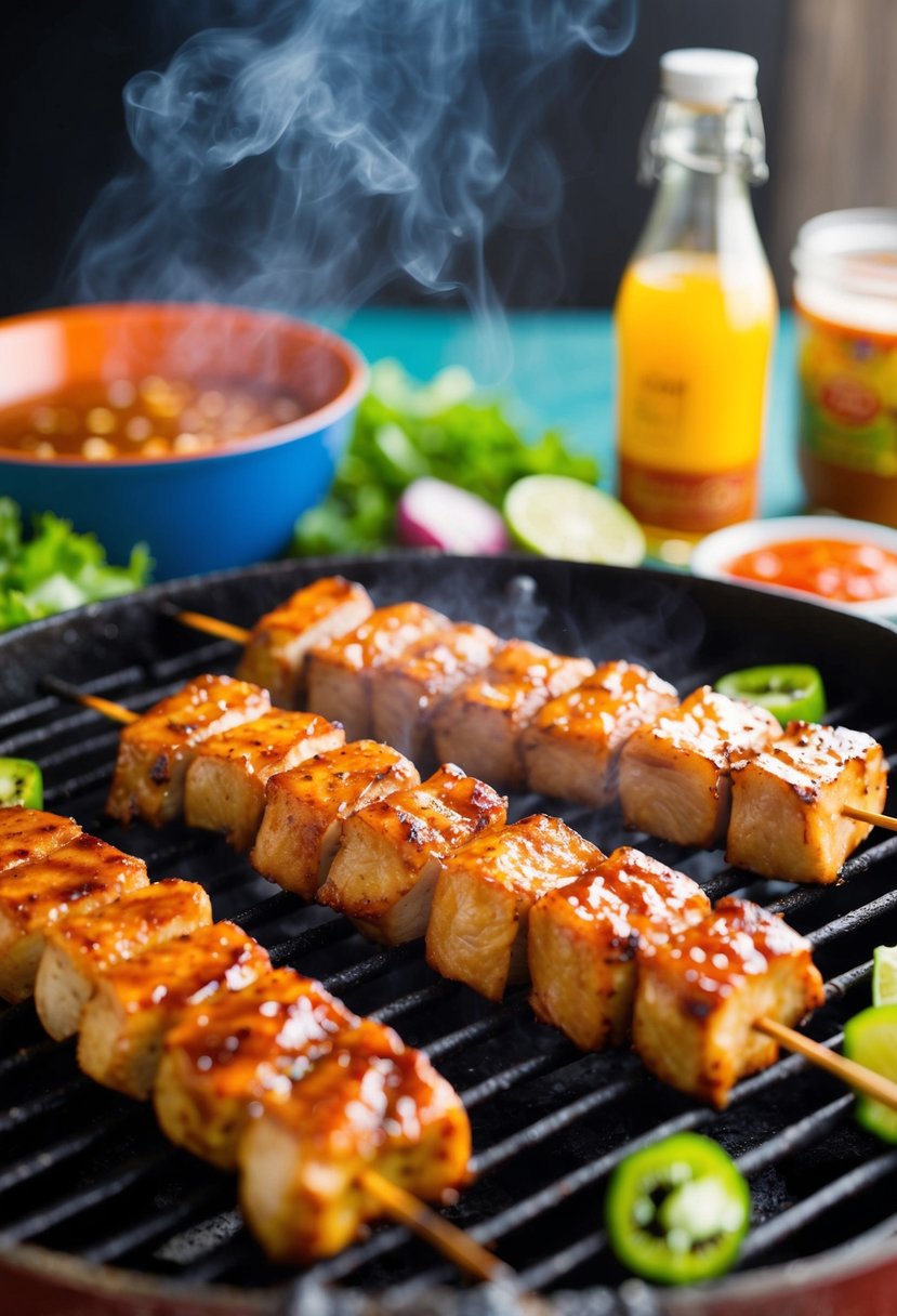 A sizzling grill cooks pork skewers, glistening with a sweet and tangy Filipino BBQ marinade, surrounded by vibrant ingredients and a hint of smoke in the air