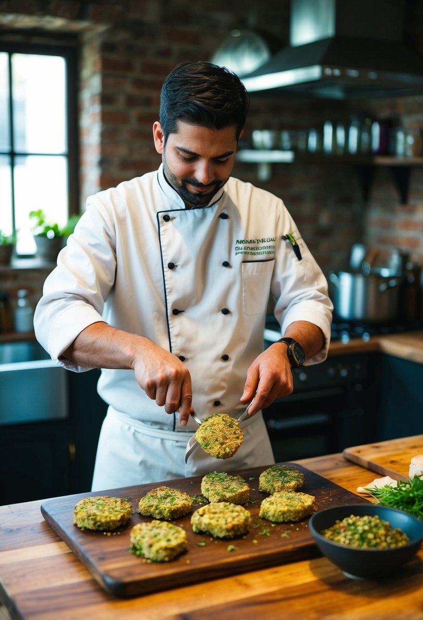 A chef preparing herb-crusted Nilgai medallions in a rustic kitchen