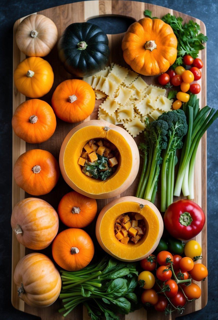 A colorful array of fresh butternut squash, lasagna pasta, and assorted vegetables arranged on a wooden cutting board